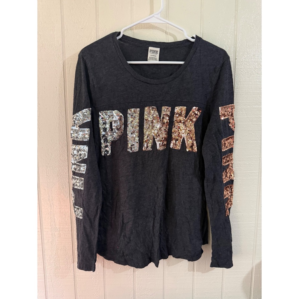 Victoria's Secret PINK Sequin Long Sleeve Tee Dark Gray Large